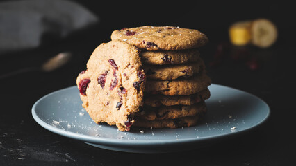 Oatmeal cookies with dried cranberries. Food photo.
