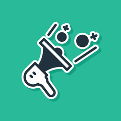 Blue Female movement, feminist activist with banner and placards icon isolated on green background. Feminist rights movement, feminism sisterhood. Vector