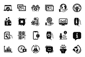 Vector Set of Technology icons related to Global business, Image gallery and Recycle water icons. Safe planet, Smartphone protection and Save planet signs. Time, Repair document and Reject. Vector