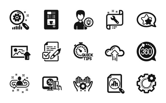 Vector set of Analytics graph, Quick tips and Cloud upload icons simple set. Online shopping, 360 degrees and Coffee vending icons. Upload photo, Spanner and Search statistics signs. Vector