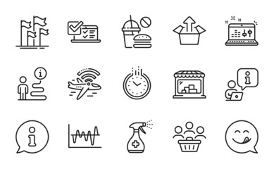 Business icons set. Included icon as Airplane wifi, Stock analysis, Flags signs. Yummy smile, Market, Send box symbols. Buyers, Fast food, Online survey. Sound check, Medical cleaning. Vector