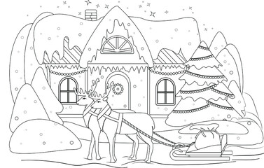 Obraz premium Coloring book. Reindeer with a sleigh and a bag of festive surprises on the background of a fabulous house and a decorated Christmas tree. Delivery of gifts for Christmas, New Year.