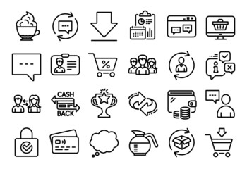 Vector set of Web shop, Special offer and People communication line icons set. Calendar report, Money wallet and Credit card tag. Blog, Teamwork and Coffeepot icons. Vector