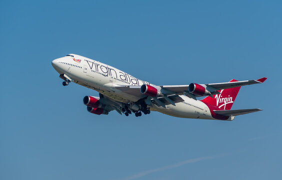 MANCHESTER, UNITED KINGDOM - MAY 07, 2018: Virgin Atlantic Boeing 747 departing Manchester airport