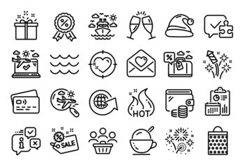 Vector set of Special offer, Love letter and Santa hat line icons set. Calendar report, Money wallet and Credit card tag. Ice cream, Hot sale and Shopping bag icons. Vector