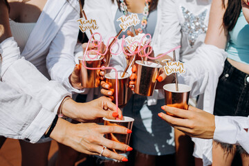 Girl's party on the terrace. Decor and details. Champagne - obrazy, fototapety, plakaty