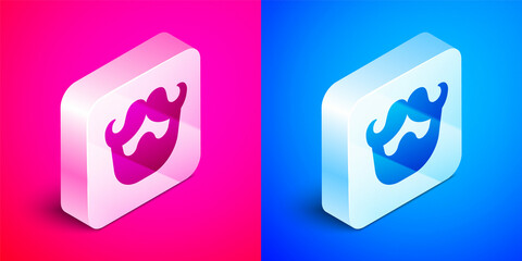 Isometric Mustache and beard icon isolated on pink and blue background. Barbershop symbol. Facial hair style. Silver square button. Vector