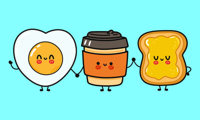 Cute, funny happy coffee paper cup, toast with honey and fried egg character