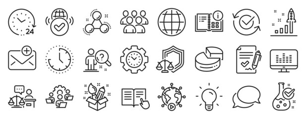 Set of Education icons, such as Music making, Pie chart, Globe icons. Group, Justice scales, Chemistry molecule signs. Instruction info, Approved, Read instruction. Video conference, Time. Vector