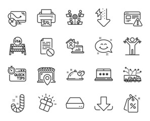 Vector set of Dumbbells workout, Wrong file and Truck delivery line icons set. Discount tags, Computer mouse and Market location icons. Energy drops, Print image and Mini pc signs. Vector