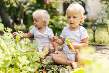 Playing in the garden. The little ones sit in the yard and play next to the herbs. The child with blond hair and big blue eyes looks to the side and bites the watermelon. Growing up in the countryside