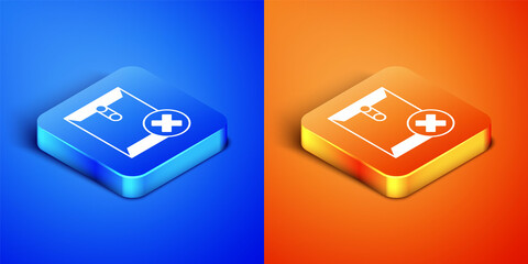 Isometric Delete envelope icon isolated on blue and orange background. Delete or error letter. Cross on message. Rejected mail. Square button. Vector
