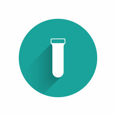 White Test tube and flask chemical laboratory test icon isolated with long shadow background. Laboratory glassware sign. Green circle button. Vector