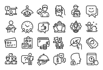 Vector set of Meeting time, Couple love and Court judge line icons set. Calendar report, Money wallet and Credit card tag. Share, Online question and New house icons. Vector
