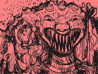 Vector ink illustration with graphic drawing.  Abstract doodle monster face with teeth. 