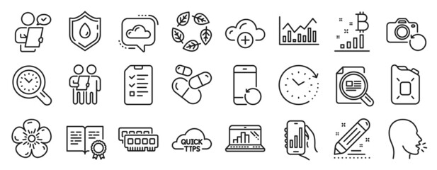 Fototapeta na wymiar Set of Science icons, such as Customer survey, Interview, Infochart icons. Time management, Recovery phone, Blood donation signs. Ram, Graph laptop, Natural linen. Brand contract, Cough. Vector