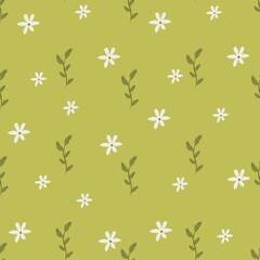 Fototapeta na wymiar Seamless pattern with white flowers and leaves on a green background