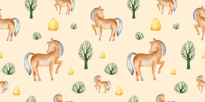 watercolor seamless pattern brown rocking horse on a field with yellow haystacks and green trees © Elena