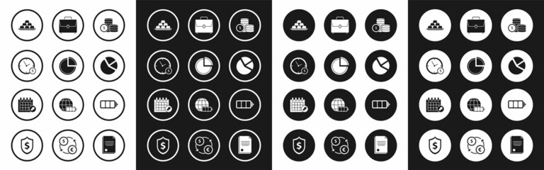 Set Coin money with dollar symbol, Pie chart infographic, Time is, Gold bars, Briefcase, Battery charge level indicator and Calendar icon. Vector