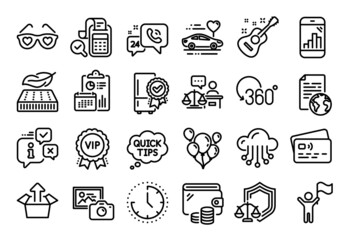Vector set of Bill accounting, Quick tips and Internet document line icons set. Calendar report, Money wallet and Credit card tag. Time, Court judge and Vip award icons. Vector