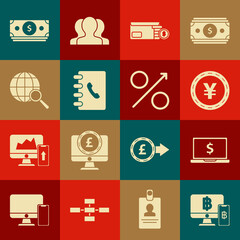 Set Computer monitor with mobile phone and bitcoin, Laptop dollar symbol, Coin money Yen, Envelope, Address book, Magnifying glass globe, Stacks paper cash and Percent up arrow icon. Vector