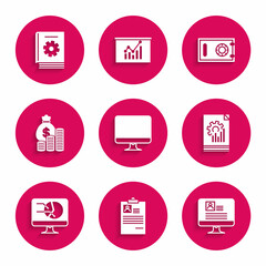 Set Computer monitor screen, Clipboard with resume, Document graph chart, Money bag and coin, Safe and User manual icon. Vector