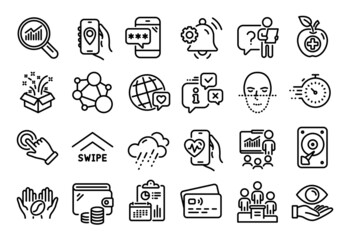 Vector set of Medical food, Phone password and Data analysis line icons set. Calendar report, Money wallet and Credit card tag. Rainy weather, Hdd and Coffee icons. Vector