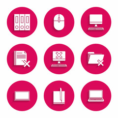Set Computer with keyboard and x mark, File document, Laptop, Delete folder, file, monitor and Office folders papers documents icon. Vector