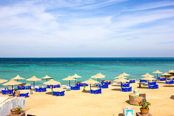 sun loungers and umbrellas on the Red Sea beach