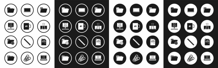Set Document folder, Coffee cup, Computer with keyboard and x mark, Binder clip, Laptop, File document paper and Folder settings gears icon. Vector