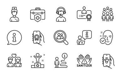 People icons set. Included icon as Award app, Winner, Health skin signs. Consultant, Couple love, Doctor symbols. Certificate, Clean hands, Group people. Music app, Search employees. Vector