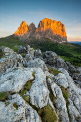 The Peaks of Sassolungo Group Lit Up by the Sun during Sunrise, Sella Pass, Dolomites, South Tyrol, Italy