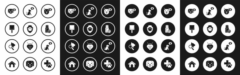 Set Veterinary clinic symbol, Animal health insurance, Dustpan, Dog medicine bottle, and icon. Vector
