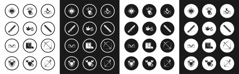 Set Trap hunting, Hunt on duck with crosshairs, Hunter knife, bear, Hunting cartridge belt cartridges, deer, Bow and arrow quiver and icon. Vector