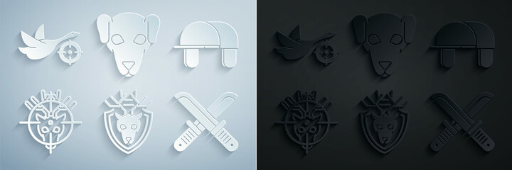 Set Deer head with antlers on shield, Hunter hat, deer crosshairs, Crossed hunter knife, Hunting dog and duck icon. Vector