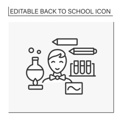 Chemistry line icon. Schoolboy ready for school. Chemistry lesson with tubes, chemical reactions. Discover and study.Education concept. Isolated vector illustration. Editable stroke