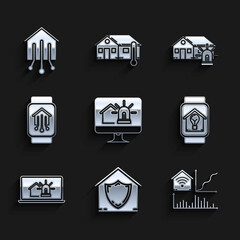 Set Computer monitor with smart house and alarm, House under protection, Smart home wi-fi, watch light bulb, Laptop, and icon. Vector
