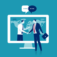 Fototapeta na wymiar Deal. Connection. On line. Network. A business couple shaking hands across a laptop screen. Business vector illustration.