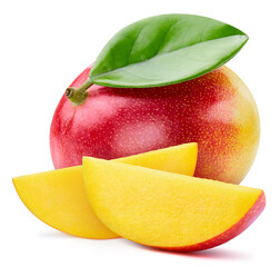 Ripe mango with leaves. Organic mango isolated on white background. Taste mango with leaf. With clipping path.
