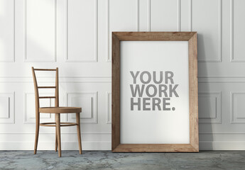 Wooden Vertical Frame Mockup Standing on the Floor Near Wooden Chair in Room