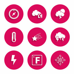 Set Falling star, Fahrenheit, Snowflake, Storm, Lightning bolt, Thermometer, and Wind rose icon. Vector