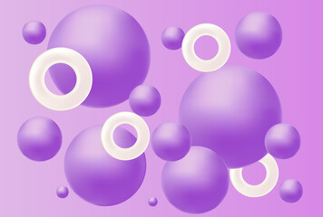 Abstract 3D background. Colorful poster with realistic ball, and round geometric shape. Design element for website and social network. Cartoon modern vector illustration isolated on purple background
