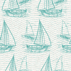 Aegean teal sailboat linen nautical seamless background with wave texture. Summer coastal living style home decor. Marine sailing yacht regatta style. Turquoise blue dyed washed textile pattern.