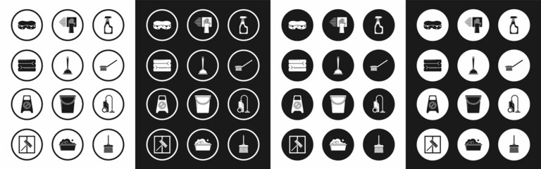 Set Cleaning spray bottle with detergent liquid, Toilet plunger, Towel stack, Sponge, brush, service, Vacuum cleaner and Wet floor and cleaning progress icon. Vector