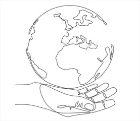 Single one line drawing of hand hold round earth. Globe icon silhouette for world protect concept. Infographics, business presentation isolated on white background. Design vector graphic illustration