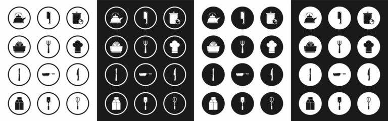 Set Cooking pot and kitchen timer, Fork, Citrus fruit juicer, Kettle with handle, Chef hat, Meat chopper, Knife and icon. Vector