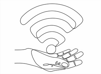 Hand holding Wi-Fi. Continuous line