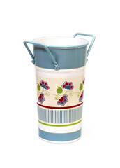 Vase in the form of a rustic bucket in vintage style isolated on white background