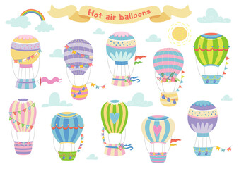 Vector illustration of colorful cute hot air balloons on the sky on white background
