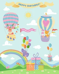 Fototapeten hot air balloons with animals birthday card template with presents vector illustration on blue sky © Наталья Пшеничная